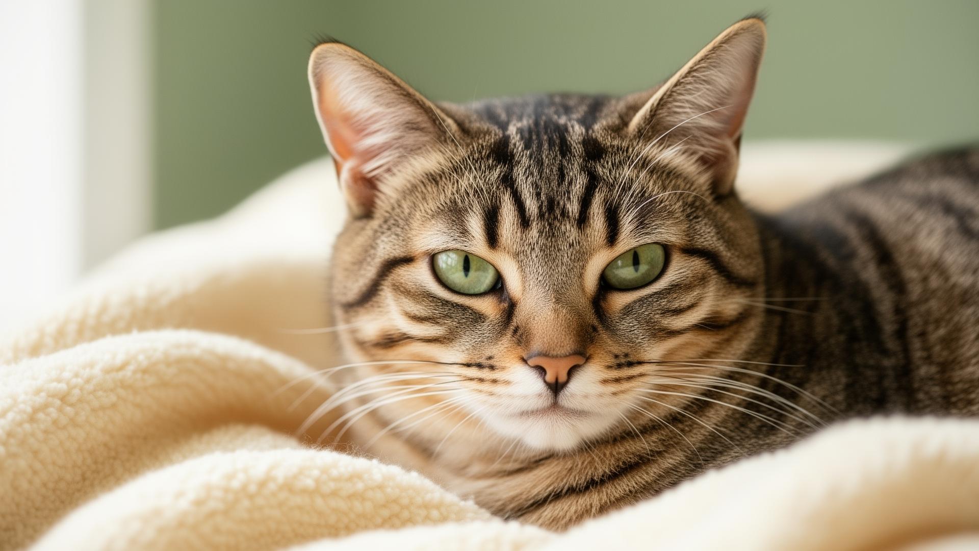 A tabby cat resting on a cream blanket